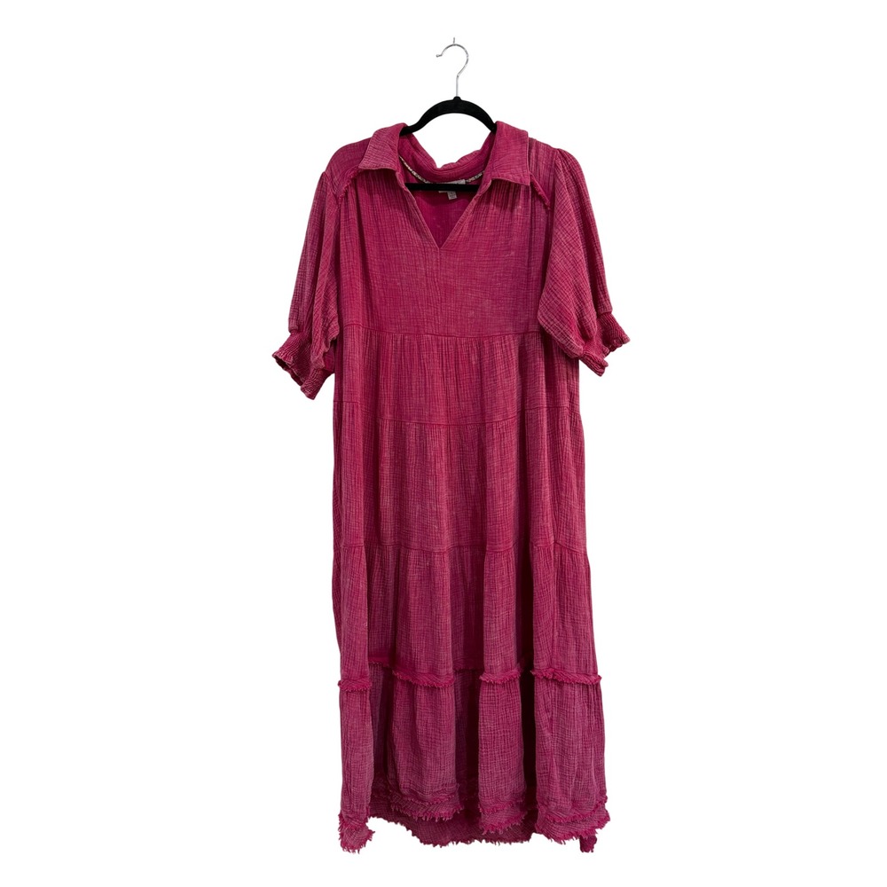 Umgee Magenta Pink Cotton Gauze Tiered Maxi Dress Boho Frayed Hem Large